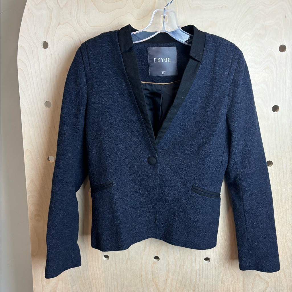 Ekyog France Women’s Navy/Burgundy Speckled Single Button Wool Blazer 36 Euro
